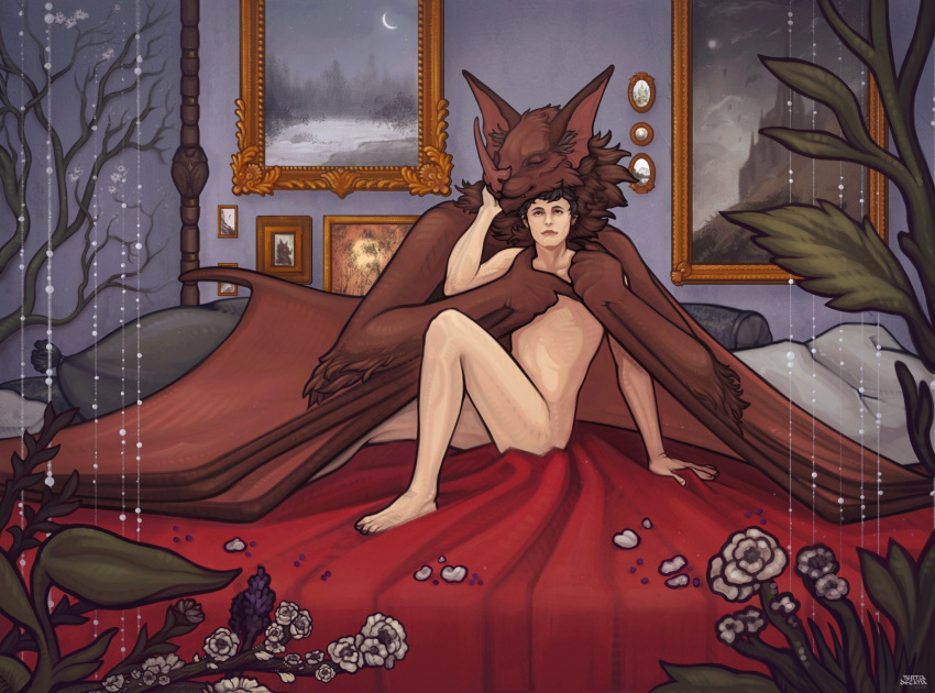anthro bat_ears bat_nose bat_wings bed bedroom chiropteran cuddling duo elbow_tufts elena_(validheretic) eyes_closed female flower furniture hand_on_cheek hi_res human interspecies_relationship larger_anthro larger_female looking_at_another male male/female mammal membrane_(anatomy) membranous_wings microchiropteran neck_tuft nude on_bed phyllostomid pictures pillow plant sitting size_difference smaller_human smaller_male tertia_decima tuft vampire_bat winged_arms wings yangochiropteran