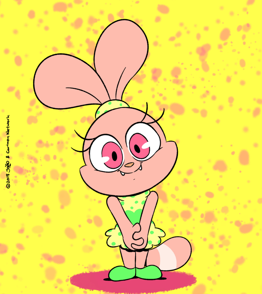 accessory anthro cartoon_network chowder_(series) clasped_hands clothing cute_fangs dress female footwear fur green_clothing green_footwear green_shoes hair_accessory hairband hi_res hybrid joaoppereiraus lagomorph leporid looking_at_viewer mammal panini_(chowder) pink_body pink_eyes pink_fur pink_nose procyonid rabbit raccoon shoes simple_background smile solo standing toony yellow_clothing yellow_dress