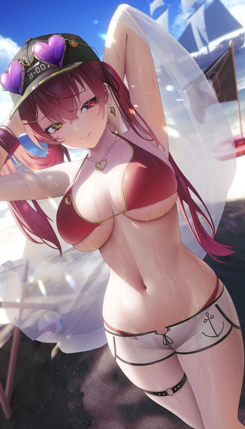 1girl absurdres armpits arms_up aya_(lezon) beach bikini bikini_under_clothes breast_grab breasts cleavage_cutout clothing_cutout ear_piercing eyewear_on_head grabbing hat highres hololive houshou_marine jewelry large_breasts multicolored_eyes navel necklace piercing pirate_ship red_bikini red_eyes shorts smile solo_focus sunglasses swimsuit thigh_strap thighs yellow_eyes