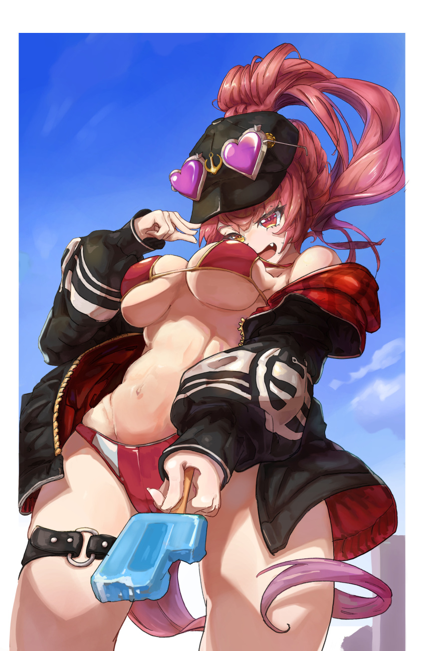 1girl absurdres baseball_cap bikini black_headwear black_jacket blue_sky breasts cameltoe eyewear_on_head fang food from_below hat heart heart-shaped_pupils heterochromia highres holding holding_food hololive houshou_marine jacket large_breasts long_hair maskcat navel o-ring_strap off_shoulder open_clothes open_jacket pink-tinted_eyewear ponytail popsicle red_bikini red_eyes red_hair sky sleeves_past_wrists solo stomach swimsuit symbol-shaped_pupils thigh_strap tinted_eyewear underboob virtual_youtuber yellow_eyes