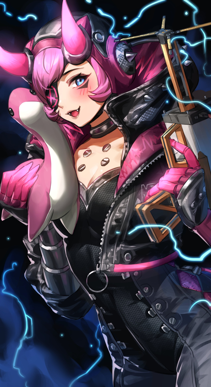 1girl :3 absurdres apex_legends black_bodysuit black_choker black_eyepatch black_gloves black_headwear black_jacket blush bodysuit breasts choker cleavage cyber_punked_wattson electricity energy_reader_(apex_legends) eyepatch fangs gloves highres holding holding_stuffed_toy hood hooded_jacket horns jacket mechanical_arms nemoto_yuuma nessie_(respawn) official_alternate_costume one_eye_covered open_mouth pink_hair single_mechanical_arm small_breasts smile solo stuffed_toy wattson_(apex_legends)