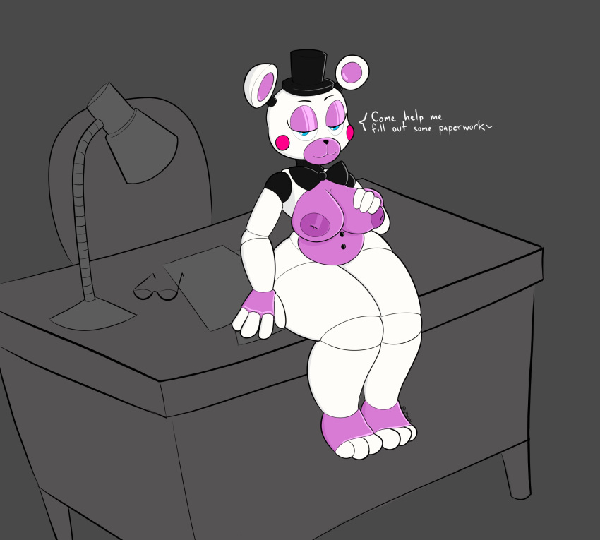 animatronic anthro bedroom_eyes big_breasts blue_eyes bow_tie breasts chair clothing crossgender desk doll_joints eyeshadow eyewear female furniture furniture_lamp glasses hat headgear headwear helpy_(fnaf) hi_res lamp machine makeup mammal narrowed_eyes nipples nude purple_body purple_eyeshadow purple_nipples robot rosy_cheeks seductive short_stack simple_background sitting_on_desk smile smirk solo speech_bubble table text thick_thighs top_hat ursid white_body wide_hips zhenai