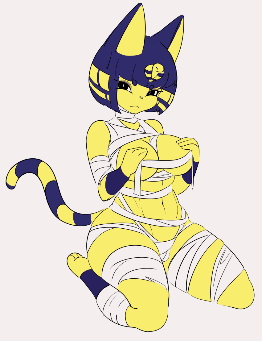 2020 absurd_res animal_crossing ankha_(animal_crossing) anthro bandage barefoot big_breasts blue_hair breasts clothed clothing covering covering_breasts domestic_cat eyelashes feet felid feline felis female frown fur grey_background hair hi_res kneeling mammal markings mummy_costume navel nintendo pupils shnibbles short_hair simple_background sitting solo striped_markings striped_tail stripes tail_markings topless uraeus video_games wariza white_pupils yellow_body yellow_fur