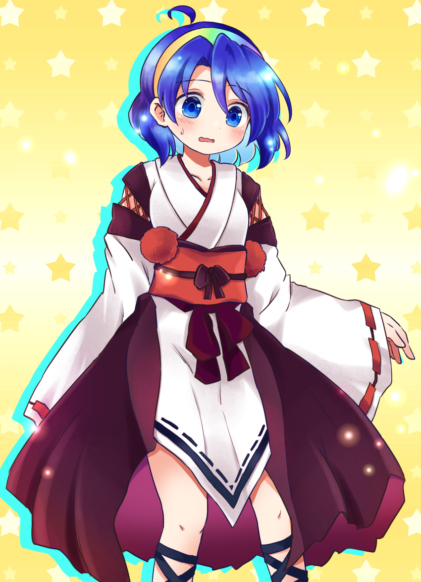 1girl ahoge alternate_costume blue_eyes blue_hair breasts eyebrows_visible_through_hair highres japanese_clothes kourindou_tengu_costume long_sleeves multicolored_hairband open_mouth pote_(ptkan) short_hair small_breasts solo star_(symbol) sweatdrop tenkyuu_chimata touhou yellow_background