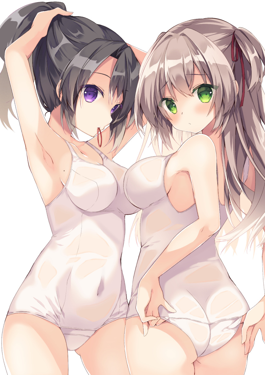 2girls adjusting_clothes adjusting_swimsuit ass bangs barre black_hair blush breasts brown_hair closed_mouth commentary covered_navel eyebrows_visible_through_hair green_eyes hair_ribbon hair_tie hair_tie_in_mouth highres long_hair looking_at_viewer medium_breasts mouth_hold multiple_girls old_school_swimsuit original ponytail purinpurin purple_eyes ribbon school_swimsuit see-through sideboob sidelocks simple_background standing swimsuit two_side_up tying_hair wet wet_clothes white_background white_swimsuit