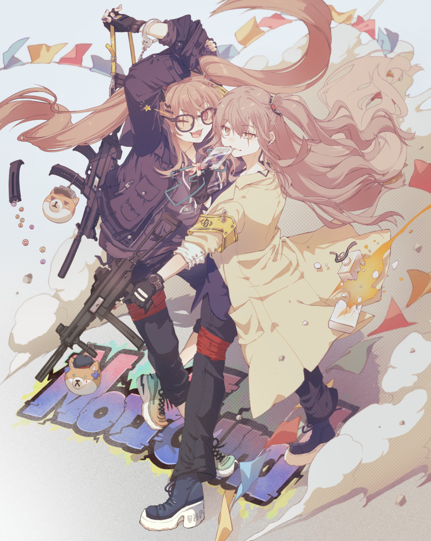 2girls 404_(girls'_frontline) alternate_costume bangs black_gloves black_jacket black_pants black_shirt blue_footwear blush boots casual closed_mouth commentary cuffs earpiece eyebrows_visible_through_hair fingerless_gloves full_body girls'_frontline glasses gloves graffiti gun h&amp;k_ump h&amp;k_ump45 h&amp;k_ump9 hair_ornament hairclip handcuffs highres holding holding_gun holding_weapon id_card jacket light_brown_eyes light_brown_hair long_hair looking_at_viewer looking_away magazine_(weapon) mouth_hold multicolored_footwear multiple_girls nail_polish one_eye_closed open_clothes open_jacket open_mouth pants purple_nails rabb_horn red_nails scar scar_across_eye shirt shoes side_ponytail simple_background smile sneakers standing submachine_gun twintails ump45_(girls'_frontline) ump9_(girls'_frontline) watch weapon yellow_jacket