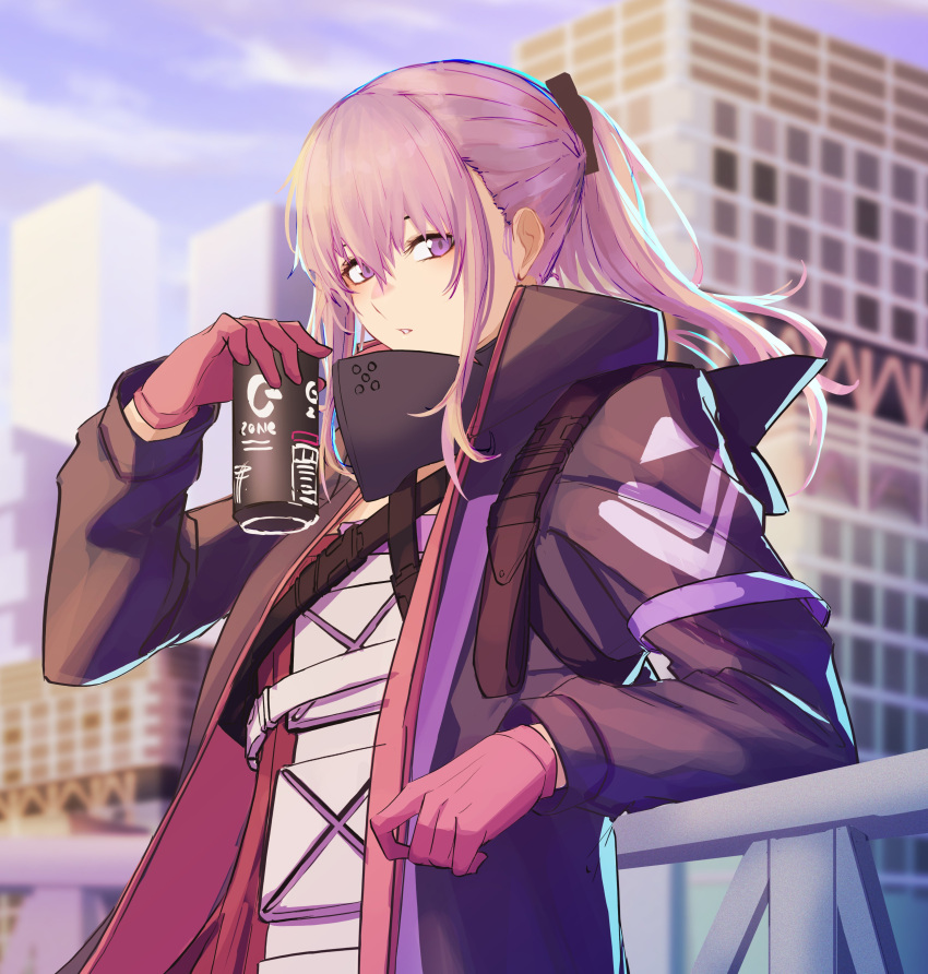 1girl 3_small_spiders absurdres bangs blue_sky breasts commentary dress eyebrows_visible_through_hair girls'_frontline gloves highres holding holding_jar house jacket jar light_purple_eyes long_hair looking_at_viewer open_clothes open_jacket open_mouth parted_lips pink_gloves pink_hair ponytail purple_jacket scenery simple_background sky small_breasts solo st_ar-15_(girls'_frontline) upper_body white_dress