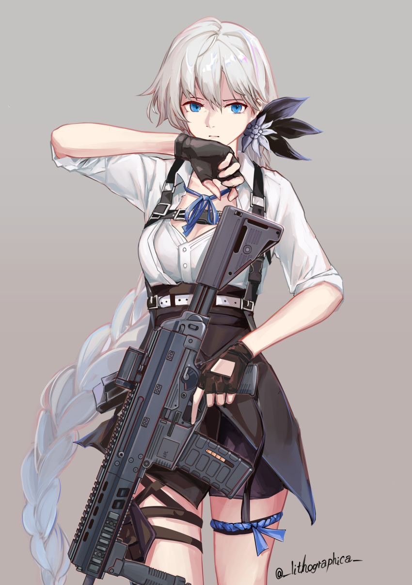 1girl absurdres apc556_(girls'_frontline) b&amp;t_apc556 bangs black_gloves black_shorts black_skirt blonde_hair blue_eyes braid braided_ponytail breasts closed_mouth eyebrows_visible_through_hair feet_out_of_frame fingerless_gloves flower girls'_frontline gloves grey_background gun hair_flower hair_ornament harness highres holding holding_gun holding_weapon lithographica long_hair looking_at_viewer shirt shorts skirt solo standing suspender_skirt suspenders twitter_username very_long_hair weapon white_shirt