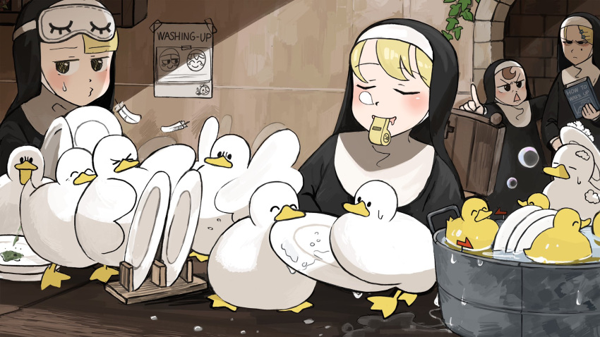 &gt;_&lt; 4girls ^_^ basin beak_hold bird blonde_hair book brick_wall brown_hair bubble catholic chicken closed_eyes commentary cupboard dishwashing diva_(hyxpk) doorway drooling duck duckling english_commentary eye_mask feathers flapping flower habit hair_flower hair_ornament hairclip half-bang_nun_(diva) hanging_plant highres holding holding_book hook-bang_nun_(diva) little_nuns_(diva) mole mole_on_cheek motion_blur multiple_girls nose_bubble nun o3o on_head plate pointing poop poster_(object) protagonist_nun_(diva) rack scowl scowly_nun_(diva) shaded_face sleeping sleeping_upright sweatdrop triangle_mouth wading whistle whistling wiping yellow_eyes
