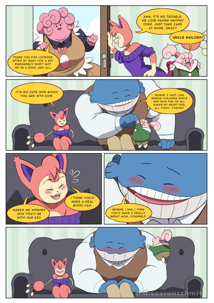 aaron_schmit absurd_res anthro babysitter blissey blush dialogue english_text female happiny hi_res larger_male male nintendo pok&eacute;mon pok&eacute;mon_(species) size_difference skitty smaller_female text tinder_skitty tinder_wailord video_games wailord