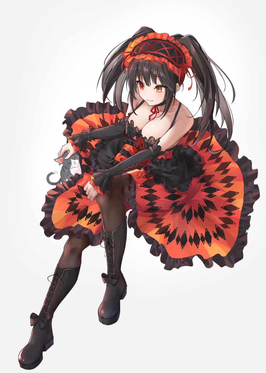 1girl absurdres animal bare_shoulders black_choker black_dress black_footwear black_hair boots breasts cat choker cleavage clock_eyes closed_mouth commentary date_a_live detached_sleeves dress frilled_dress frilled_hairband frills from_above full_body gothic_lolita hairband hand_on_own_knee heterochromia highres knee_up lolita_fashion long_hair looking_at_animal medium_breasts neck_ribbon orange_dress pantyhose red_eyes ribbon rumukio shoelaces simple_background sitting smile spaghetti_strap symbol-shaped_pupils tokisaki_kurumi twintails two-tone_dress white_background yellow_eyes