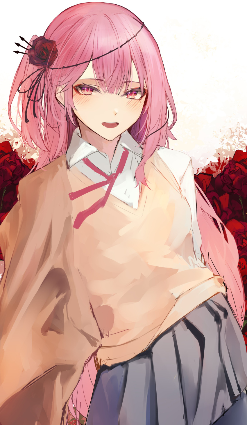 1girl absurdres bangs beige_vest blush brown_jacket collared_shirt flower grey_skirt hair_flower hair_ornament highres jacket leaning_to_the_side naokomama neck_ribbon nijisanji nijisanji_en open_mouth pink_eyes red_flower red_ribbon red_rose ribbon rose rosemi_lovelock shirt short_sidetail skirt solo virtual_youtuber white_background white_shirt