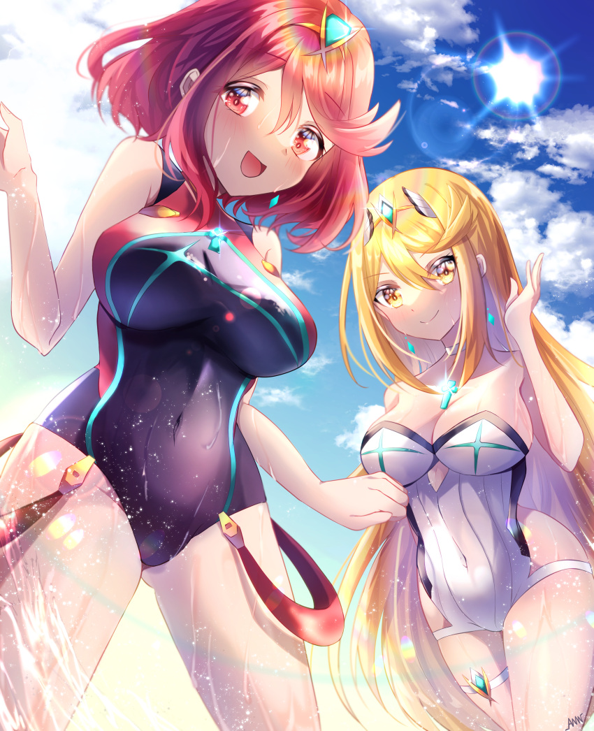 2girls absurdres amanoru_mozuku bangs black_swimsuit blonde_hair breasts chest_jewel competition_swimsuit gem headpiece highres large_breasts long_hair multiple_girls mythra_(radiant_beach)_(xenoblade) mythra_(xenoblade) one-piece_swimsuit pyra_(pro_swimmer)_(xenoblade) pyra_(xenoblade) red_eyes red_hair red_swimsuit ribbed_swimsuit short_hair strapless strapless_swimsuit striped striped_swimsuit swept_bangs swimsuit tiara two-tone_swimsuit vertical-striped_swimsuit vertical_stripes very_long_hair white_swimsuit xenoblade_chronicles_(series) xenoblade_chronicles_2 yellow_eyes