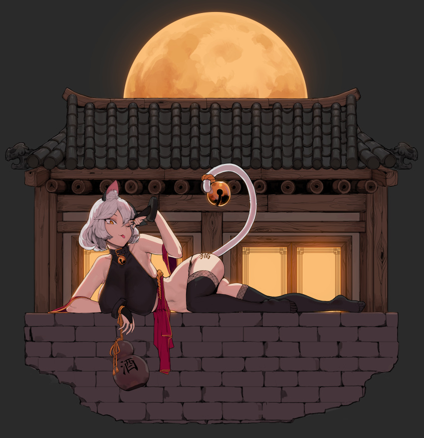 1girl absurdres animal_ears architecture bell black_gloves black_legwear breasts brick_wall bridal_gauntlets cat_ears cat_tail chinese_clothes collar crop_top deliciousmeatart detached_sleeves dudou east_asian_architecture fishnet_legwear fishnets full_body full_moon gloves gourd grey_background grey_hair highres huge_breasts jingle_bell leg_tattoo lying moon narrow_waist navel neck_bell no_shoes on_side on_wall original paw_pose sash solo tail tail_bell tail_ornament tattoo thighhighs thighhighs_under_thighhighs underboob