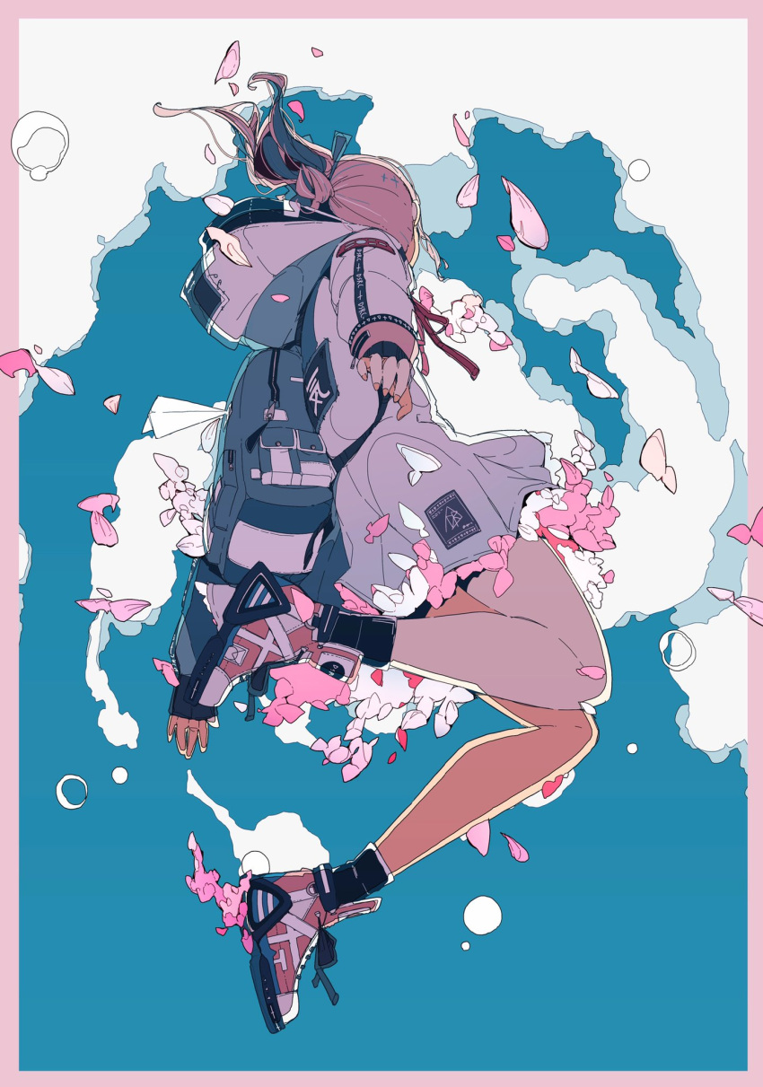 1girl backpack bag black_legwear border cloud commentary_request daisukerichard from_behind hair_bun hair_ribbon highres hood hoodie jacket long_sleeves miniskirt neck_ribbon original petals pink_border pink_hair ponytail ribbon safety_pin shoes skirt socks solo white_jacket white_skirt