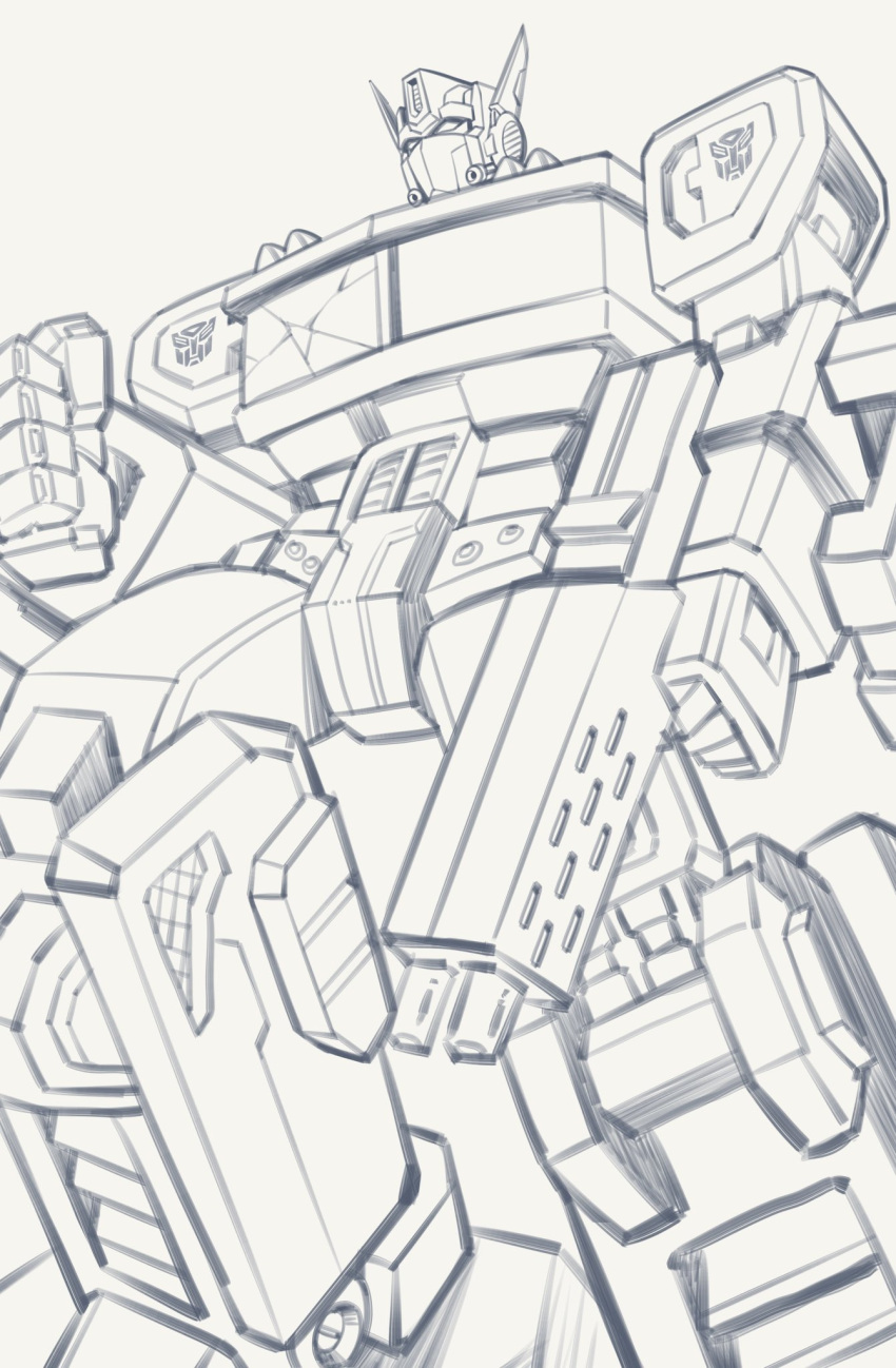 autobot clenched_hand greyscale gun highres holding holding_gun holding_weapon insignia lantana0_0 looking_ahead mecha monochrome no_humans optimus_prime science_fiction sketch solo transformers weapon