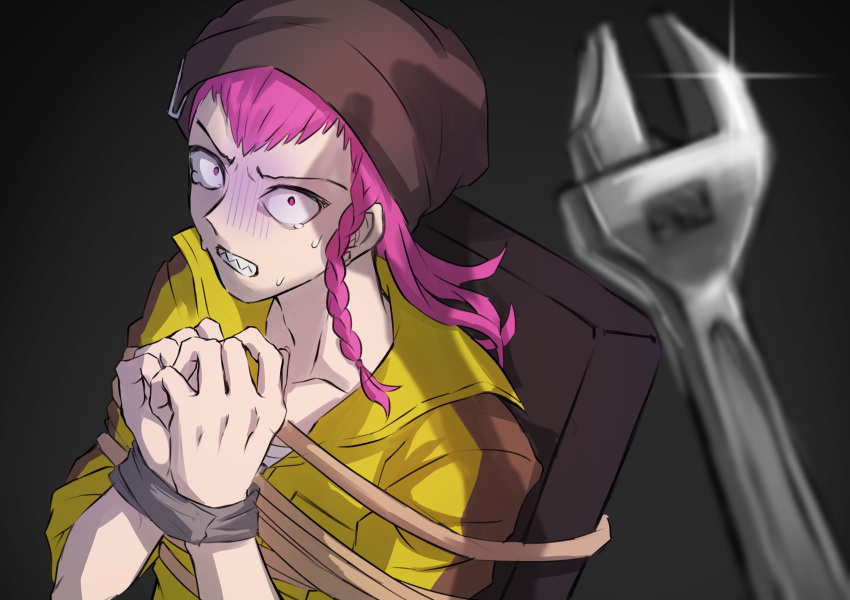 1boy absurdres bangs beanie blurry blurry_foreground blush bound braid chair collarbone danganronpa_(series) danganronpa_2:_goodbye_despair gradient gradient_background hands_up hat highres jumpsuit long_hair male_focus pink_hair shan_ji_jing_wu_(sngktry) sharp_teeth short_hair side_braid sitting solo souda_kazuichi sweat tape tearing_up tears teeth tied_up_(nonsexual) wrench yellow_jumpsuit