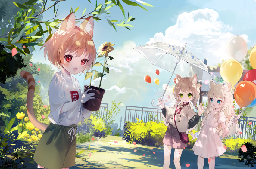 3girls amafuyu animal_ear_fluff animal_ears arms_up bag balloon black_shirt blonde_hair blue_eyes braid brown_hair brown_shorts cat_ears cat_girl cat_tail child cloud collar dress flower green_eyes handbag highres long_hair low_twintails multiple_girls open_mouth original outdoors petals plant poncho potted_plant red_eyes shirt short_hair shorts sky smile sundress sunflower tail twin_braids twintails umbrella white_dress white_shirt