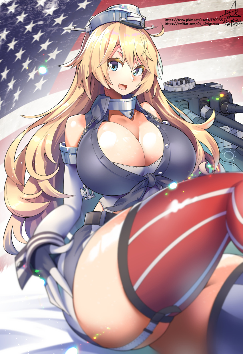 1girl american_flag american_flag_legwear artist_name asymmetrical_legwear blonde_hair blue_eyes blush breasts cleavage collarbone eyebrows_visible_through_hair front-tie_top hair_between_eyes highres iowa_(kancolle) kantai_collection large_breasts long_hair machinery mismatched_legwear open_mouth rigging signature smile solo thighhighs turret umigarasu_(kitsune1963) web_address