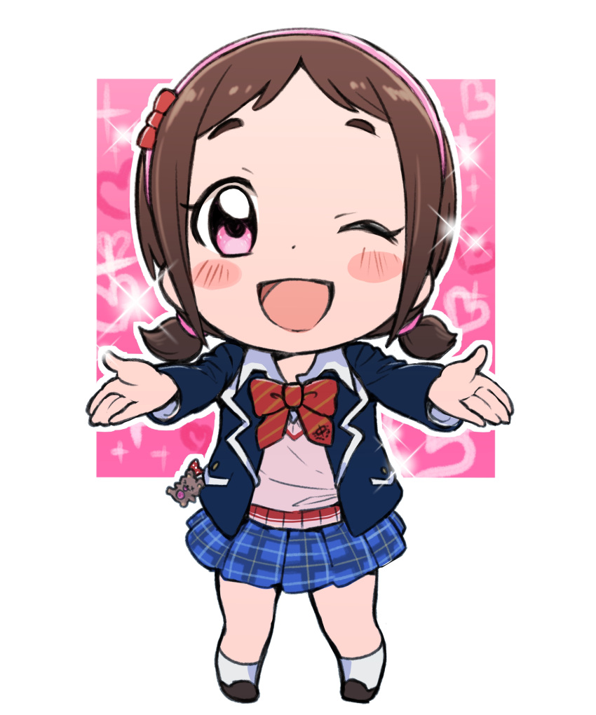 1girl absurdres brown_hair eyebrows hairband highres idolmaster idolmaster_cinderella_girls muramatsu_sakura pink_eyes plaid plaid_skirt ribbon short_twintails skirt tamachan_(gam_baru_ger) twintails uniform