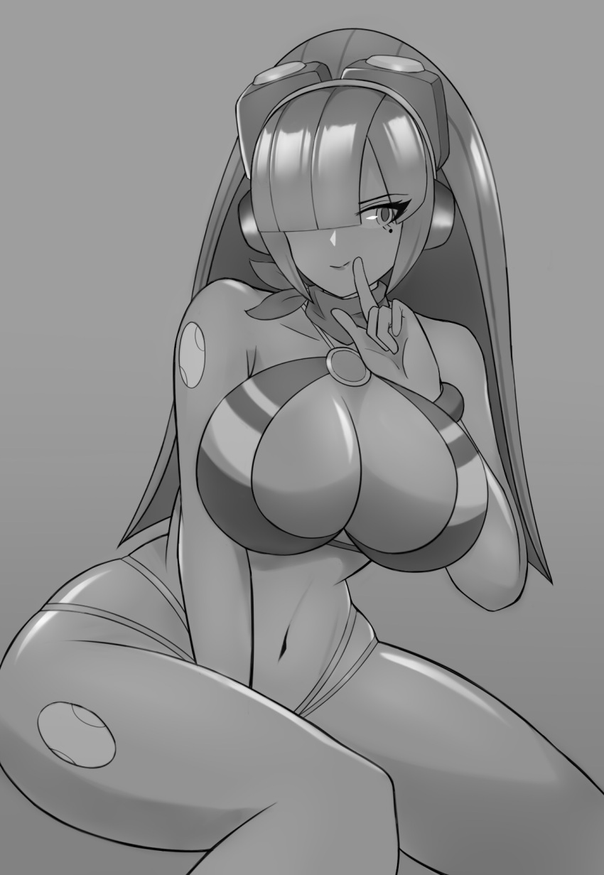 1girl ascot bangs bare_shoulders between_legs blunt_bangs breasts cleavage commentary cowboy_shot forehead greyscale hair_over_one_eye hand_between_legs highres index_finger_raised large_breasts layer_(mega_man) long_hair mega_man_(series) mega_man_x_(series) mega_man_x_dive miolnel monochrome navel o-ring o-ring_top parted_bangs simple_background solo swimsuit thighs