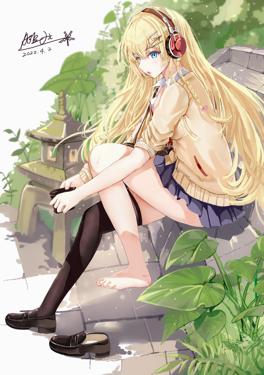 1girl :o absurdres age_fx alternate_costume azur_lane bag barefoot black_footwear black_legwear black_skirt blonde_hair blue_eyes cardigan collared_shirt dated grass hair_ornament hairclip headphones highres kongou_(azur_lane) kongou_(breezy_commute)_(azur_lane) long_hair looking_to_the_side official_alternate_costume plant school_bag shirt shoes sitting skirt sleeves_rolled_up solo stairs stone_lantern stone_stairs thighhighs twitter_username uniform white_shirt yellow_cardigan