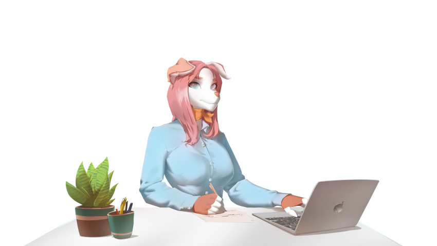 absurd_res alpha_channel anthro big_breasts breasts canid canine canis clothed clothing computer desk domestic_dog female furniture hi_res laptop looking_at_viewer mammal okata pencil_holder plant simple_background smile smiling_at_viewer solo table transparent_background