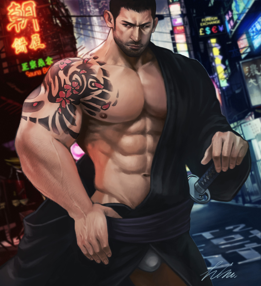 1boy abs artist_name bara bare_pectorals black_hair black_kimono chris_redfield closed_mouth facial_hair fundoshi highres himura_(him-la) japanese_clothes katana kimono large_pectorals male_focus muscular muscular_male navel nipples official_alternate_costume pectorals resident_evil resident_evil_6 sheath sheathed short_hair shoulder_tattoo sideburns solo sword tattoo weapon