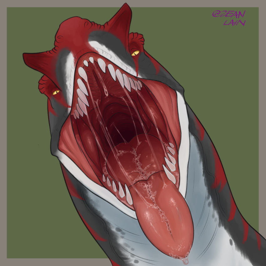 ambiguous_gender bodily_fluids carn_(shorty) dinosaur dripping feral hi_res looking_at_viewer mouth_shot open_mouth reptile saliva saliva_drip saliva_on_tongue saliva_string salivating scalie solo teeth teeth_visible tongue tongue_out yellow_sclera zeanlain