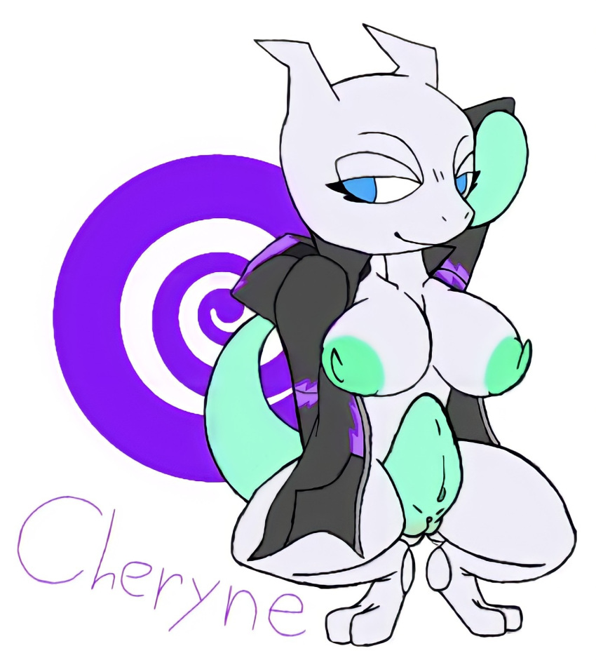 2022 animal_humanoid anthro batzcave big_breasts breasts cheryne_(batzcave) clothing digital_media_(artwork) english_text felid feline female genitals hi_res humanoid legendary_pok&eacute;mon looking_at_viewer mammal mammal_humanoid mewtwo nintendo nipples pok&eacute;mon pok&eacute;mon_(species) pussy simple_background smile solo text thick_thighs video_games