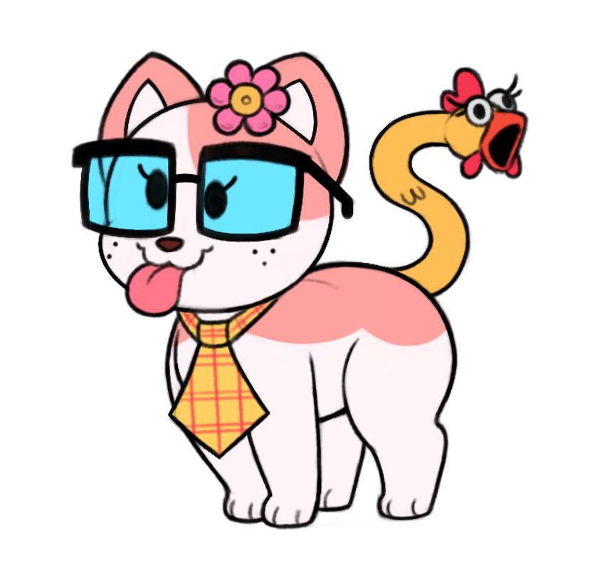 accessory acstlu all_fours april_fools april_the_fool_(acstlu) checkered_clothing clothing derp_eyes domestic_cat eyewear felid feline felis female feral flower flower_in_hair flower_on_head freckles fur glasses hair hair_accessory hi_res holidays mammal necktie pattern_clothing plant rubber_chicken simple_background solo spots spotted_body spotted_fur tongue tongue_out