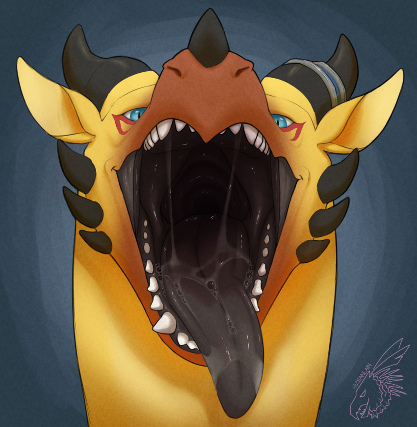 ambiguous_gender anthro black_tongue blue_eyes bodily_fluids cyrakhis dragon headshot_portrait hi_res horn looking_at_viewer male_(lore) mouth_shot open_mouth portrait reptile saliva saliva_on_tongue saliva_string salivating scalie simple_background solo teeth teeth_visible tongue tongue_out yellow_body zeanlain