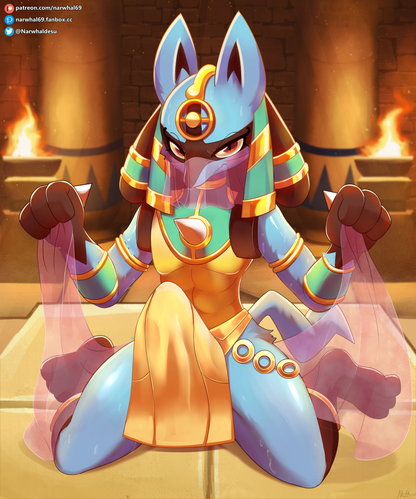 3_fingers absurd_res anthro black_body blue_body blue_ears blue_fur bottomwear bulge clothed clothing crossdressing egyptian_clothing erection erection_under_clothing erection_under_loincloth fingers fur hi_res kneeling loincloth looking_at_viewer lucario male narwhal69 nintendo pok&eacute;mon pok&eacute;mon_(species) ruins_style_lucario solo video_games yellow_body