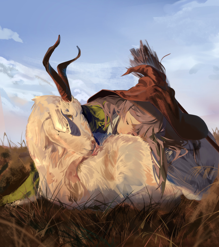 1girl absurdres blue_sky brown_hair closed_eyes closed_mouth cloud commentary day goat grass hat highres jenmin12 long_hair original outdoors red_headwear sky sleeping solo witch_hat