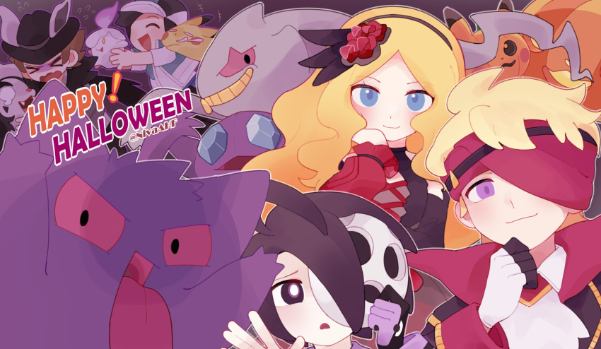 +++ 1girl 4boys :d ahoge allister_(pokemon) banette bangs blonde_hair blush caitlin_(pokemon) closed_eyes closed_mouth commentary_request flying_sweatdrops gengar gloves hairband halloween hand_up happy_halloween headband highres hilbert_(pokemon) holding holding_mask holding_pokemon jiugong_chi litwick long_hair mask mightyena morty_(pokemon) multiple_boys official_alternate_costume pikachu pokemon pokemon_(creature) pokemon_(game) pokemon_masters_ex pokemon_swsh pumpkin purple_eyes sableye scottie_(pokemon) short_hair single_glove smile