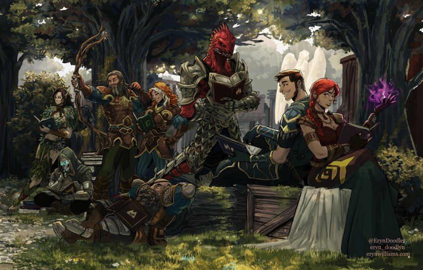 armor beast_(divinity) bone book crossed_legs divinity:_original_sin_2 dwarf elf eryn_williams eye_patch eyewear fane_(divinity) female glowing glowing_eyes grin group hands_behind_head hi_res holding_book holding_object holding_weapon human humanoid ifan_ben-mezd lizard_(divinity) lohse_(divinity_original_sin_2) magic male mammal outside plant reading reading_book reclining sculpture sebille_(divinity) shrub sitting skeleton sleeping smile standing statue the_red_prince tree weapon