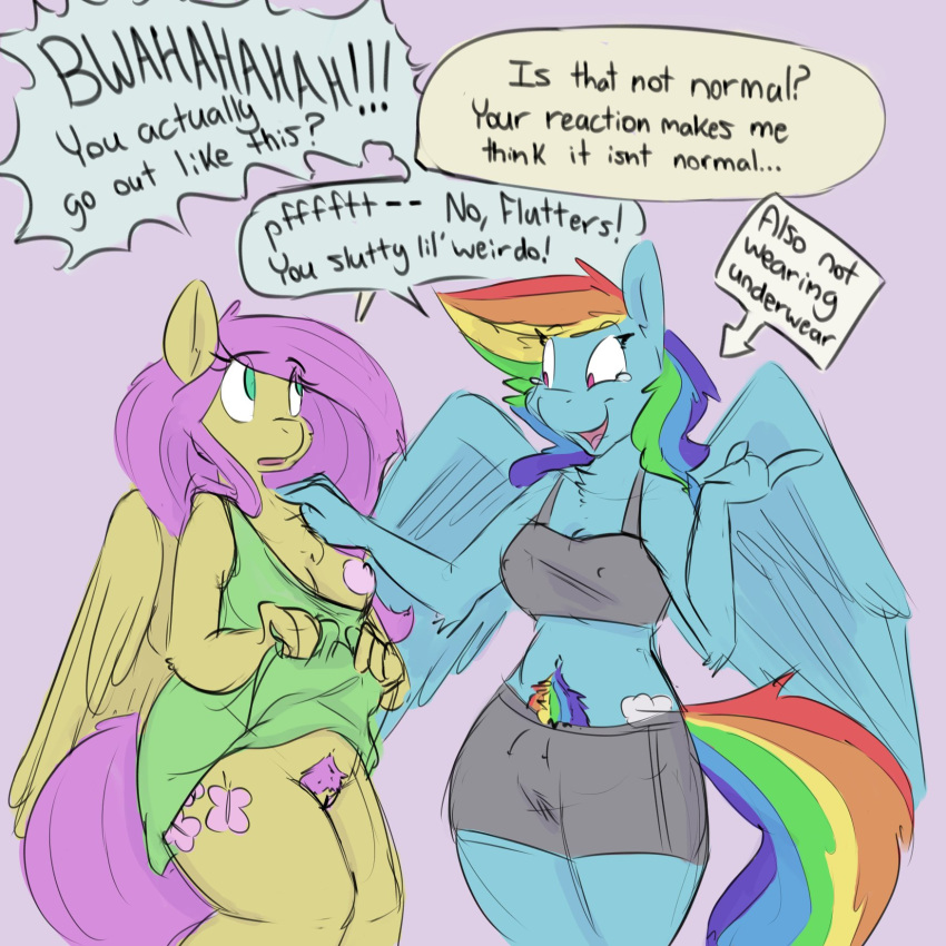 anthro anthrofied blue_body blue_fur bodily_fluids bra breasts clothed clothing clothing_lift cutie_mark dress dress_lift duo equid equine female fluttershy_(mlp) friendship_is_magic fur genitals hair hasbro hi_res laugh mammal multicolored_hair multicolored_tail my_little_pony navel nipples open_mouth pegasus pink_hair pink_tail pubes pussy rainbow_dash_(mlp) rainbow_hair rainbow_tail small_breasts smile sports_bra tears underwear visiti wings yellow_body yellow_fur