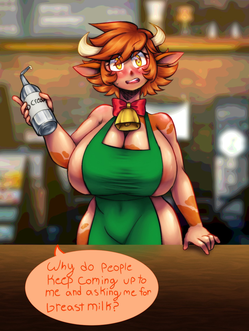 a_hat_in_time animal_humanoid apron asking aspenofsimpcon big_breasts bovid bovid_humanoid bovine bovine_humanoid breasts cattle_humanoid clothing cowbell crossgender female green_apron hair hi_res horn horned_humanoid huge_breasts human humanoid i_mean_breast_milk mammal mammal_humanoid meme prince_(ahit) short_hair solo speech_bubble text trans_(lore) trans_man_(lore) wide_hips