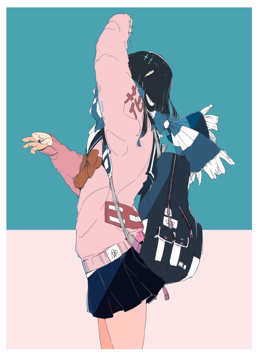 1girl arm_up backpack bag black_hair border bow bowtie commentary_request cowboy_shot daisukerichard eyedrops fringe_trim from_side highres jacket long_hair long_sleeves miniskirt original pink_jacket sailor_collar scarf skirt solo striped striped_scarf white_border zipper