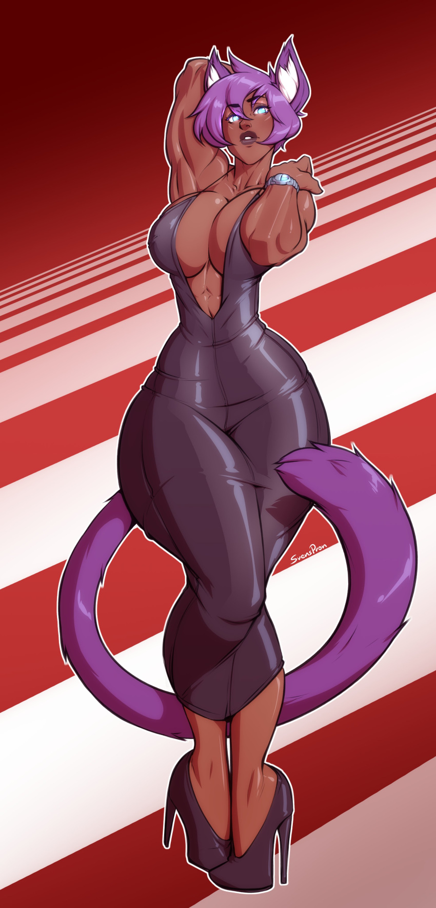 absurd_res animal_humanoid big_breasts breasts cat_humanoid dark_body dark_skin felid felid_humanoid feline feline_humanoid female hair hi_res high_heels humanoid mammal mammal_humanoid muscular muscular_female purple_hair solo svenners thick_thighs wide_hips