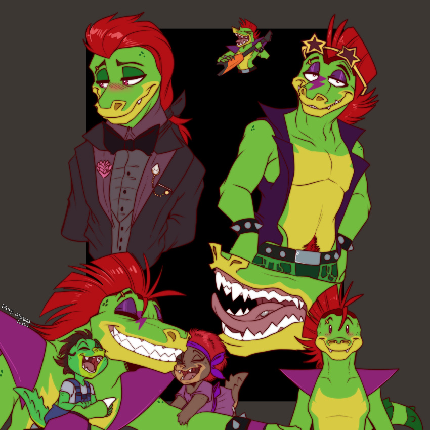 accessory alligator alligatorid anthro baby clothing conditional_dnp crocodilian ebonychimera eyewear family female five_nights_at_freddy's five_nights_at_freddy's:_security_breach glasses group guitar hi_res male montgomery_gator_(fnaf) musical_instrument piercing plucked_string_instrument reptile scalie scottgames sibling smile string_instrument suit teeth tongue twins video_games wedding_clothing young