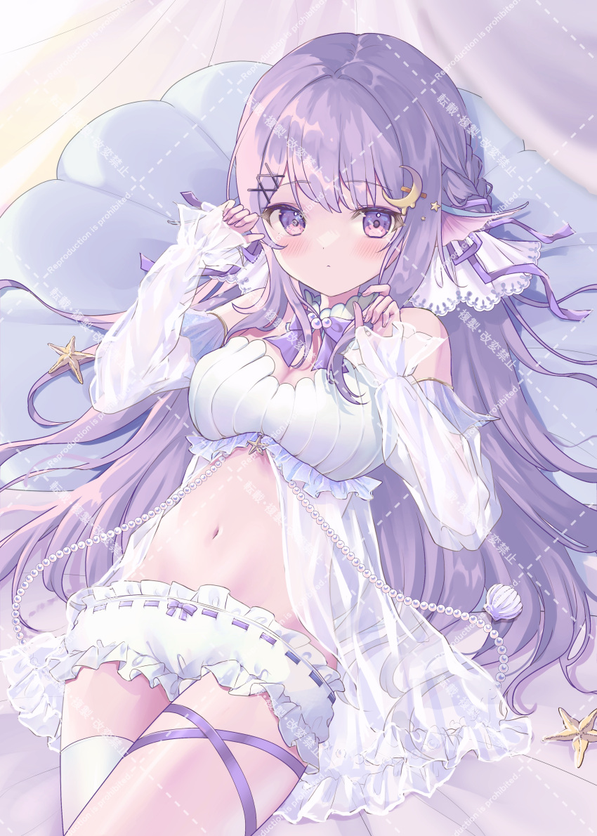 1girl absurdres bangs bare_shoulders bed blush braided_tail breasts eyebrows_visible_through_hair hair_ornament hairclip head_fins highres long_hair looking_at_viewer medium_breasts navel original purple_eyes purple_hair satou_shio@co thighhighs white_legwear