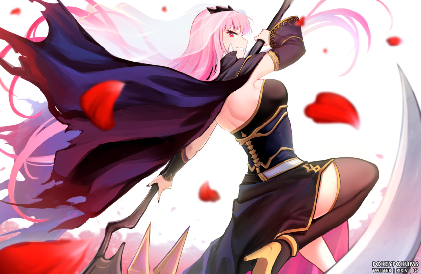 1girl artist_name black_nails breasts cape detached_sleeves from_behind hololive hololive_english large_breasts long_hair mori_calliope petals pink_hair pokey red_eyes scythe single_thighhigh thighhighs torn_cape torn_clothes veil virtual_youtuber