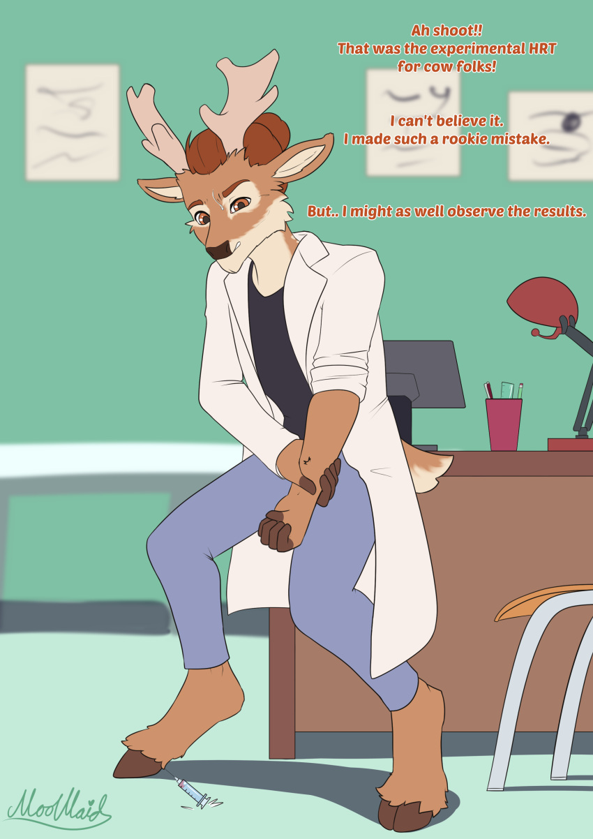 2022 absurd_res anthro antlers biped brown_hair cervid clothed clothing coat english_text fully_clothed gender_transformation hair hi_res hooves horn inside lab_coat lamp male mammal moomaid mtf_transformation signature solo species_transformation syringe text topwear transformation