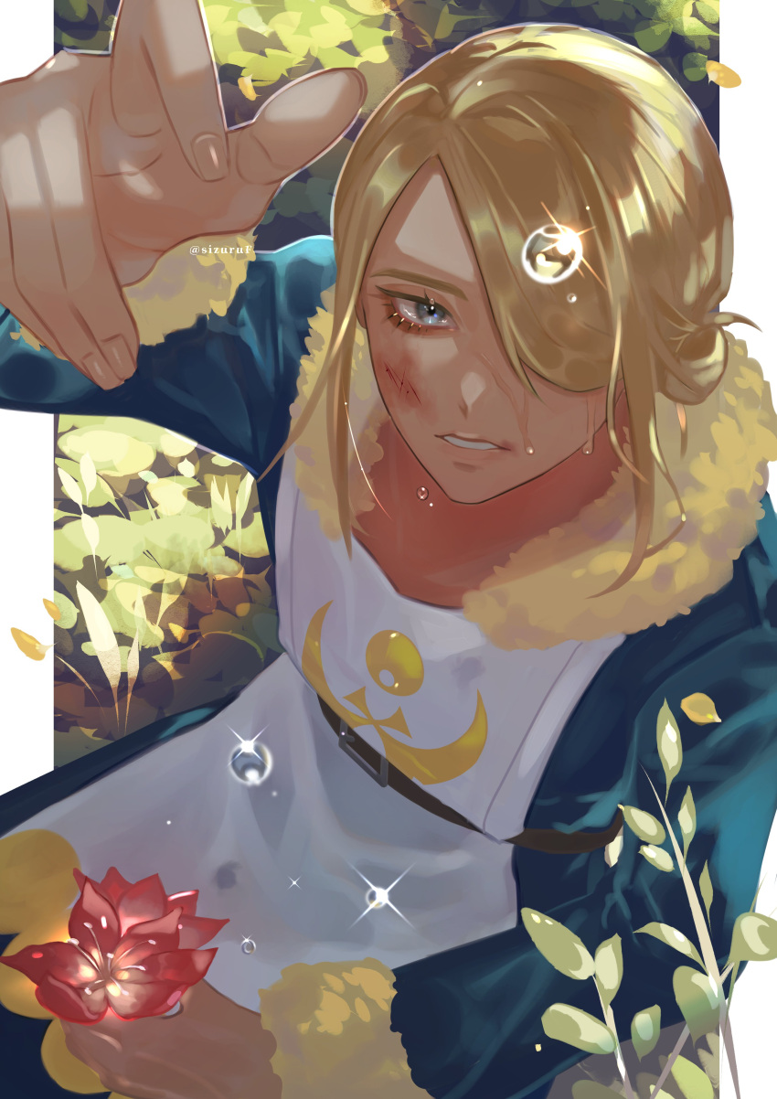 1boy absurdres arm_up belt blonde_hair blue_jumpsuit commentary_request eyelashes fingernails flower grey_eyes hair_over_one_eye highres holding holding_flower jumpsuit long_sleeves looking_at_viewer male_focus parted_lips pillarboxed pokemon pokemon_(game) pokemon_legends:_arceus red_flower scrape shiny shiny_hair short_hair sizuru_(garasuame0206) solo sparkle twitter_username volo_(pokemon) water_drop