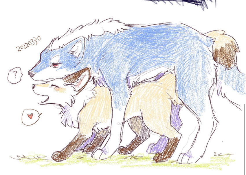 &lt;3 all_fours ambiguous_gender ambiguous_on_bottom ambiguous_on_top blue_body blue_fur canid canine canis colored_pencil_(artwork) dated duo feral fox fur hi_res mammal on_bottom on_top on_top_of open_mouth quadruped question_mark red_heart shiranui_(tsukune_minaga) simple_background smile tategami_(tsukune_minaga) traditional_media_(artwork) tsukune_minaga wolf yellow_body yellow_fur