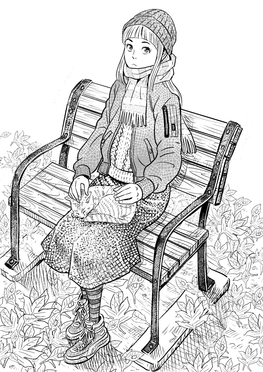 1girl animal_on_lap autumn_leaves bangs bench cat cat_on_lap day highres imajun long_hair long_sleeves original outdoors scarf shoes sitting skirt skullcap sleeping sneakers striped striped_legwear sweater