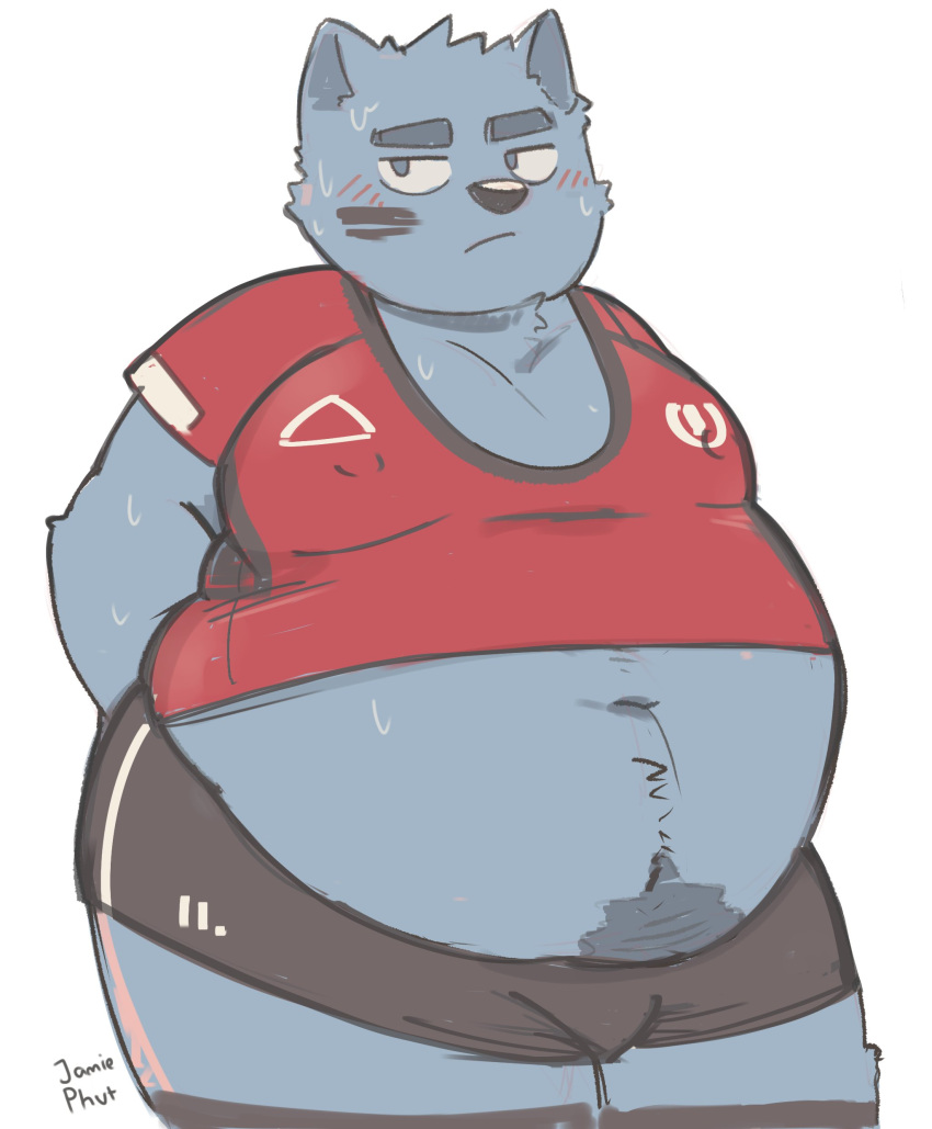 2022 absurd_res anthro belly big_belly blush bottomwear canid canine clothing hi_res jamiephut kemono male mammal obese obese_male overweight overweight_male shirt shorts solo sport topwear