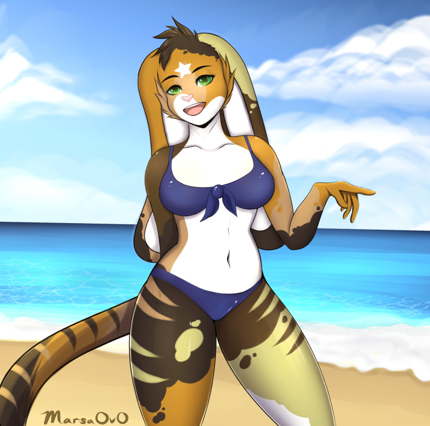 5_fingers anthro azao beach belly bikini bikini_bottom bikini_top biped breasts brown_body brown_fur calico_pattern cat_tail catpot cheek_tuft clothing cloud day digital_drawing_(artwork) digital_media_(artwork) domestic_cat eyebrows eyelashes facial_tuft felid feline felis female fingers fur green_body green_eyes green_fur hi_res hybrid lagomorph leporid looking_at_viewer mammal marsaovo multicolored_body multicolored_fur navel open_mouth outside pink_nose rabbit sand sea seaside shaded signature sky soft solo swimwear teeth tuft water white_body white_fur