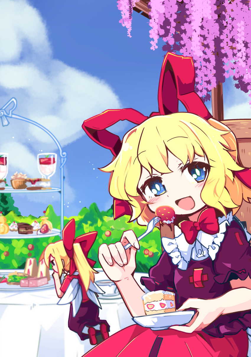 2girls absurdres bangs blonde_hair blouse blue_eyes blush bow bowtie bubble_skirt cake cake_slice commentary_request doll eating eyebrows_visible_through_hair fairy_wings food fork frilled_blouse frilled_shirt_collar frilled_sleeves frills fruit hair_bow hair_ribbon head_tilt highres kanisawa_yuuki long_hair looking_at_viewer medicine_melancholy minigirl multiple_girls open_mouth outdoors ponytail puffy_short_sleeves puffy_sleeves purple_blouse purple_skirt red_blouse red_bow red_bowtie red_footwear red_ribbon red_skirt ribbon short_hair short_sleeves simple_background skirt strawberry su-san touhou wings